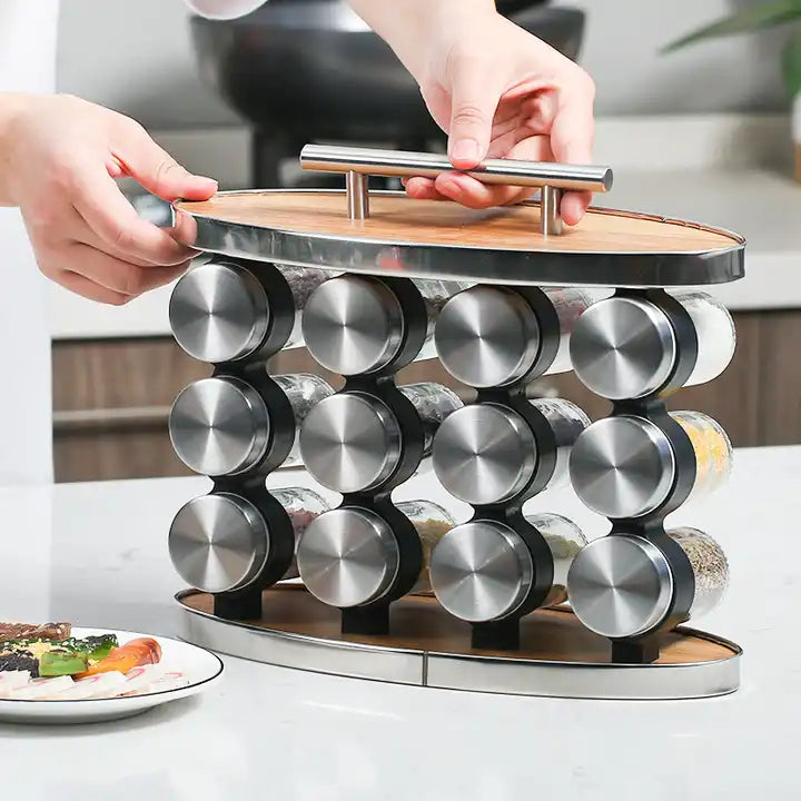16 PCs Portable Spice Jar with 13933 Wooden Stand Spice and sugar Jar Apricot