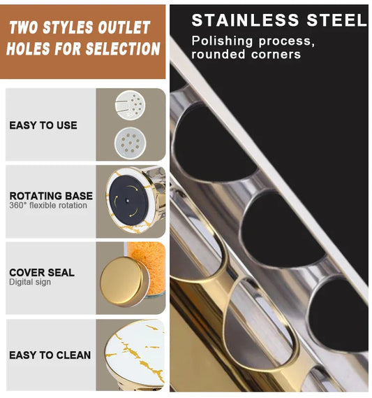 16 PCs Rotatable Spice Jar-(5304) Black Marble Spice and sugar Jar Apricot