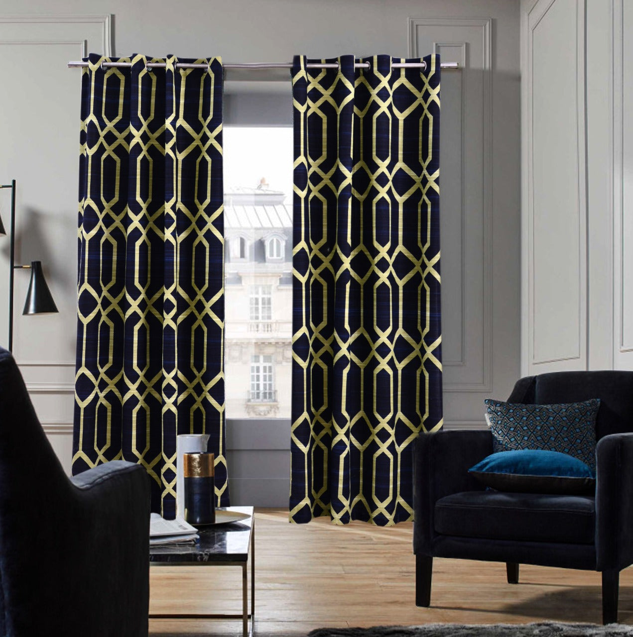 2 PCs Duck Curtains Panel-Blue Geometric Curtains Apricot