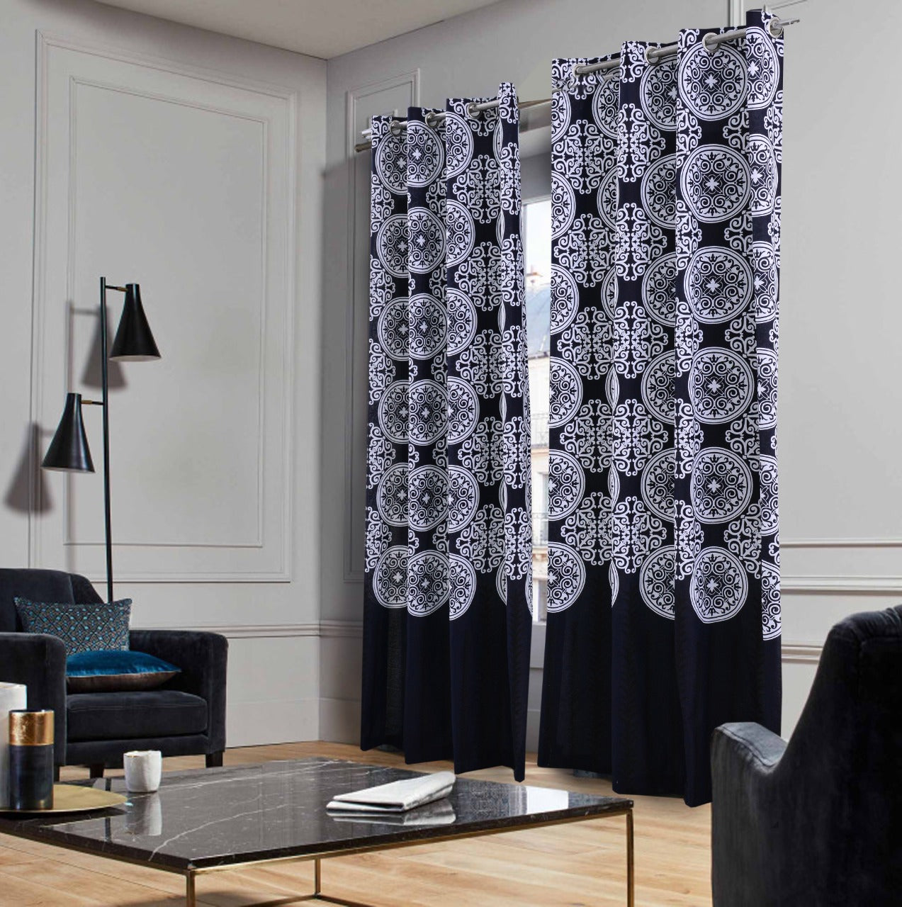 2 PCs Duck Curtains Panel-Marrakech Blue Curtains Apricot