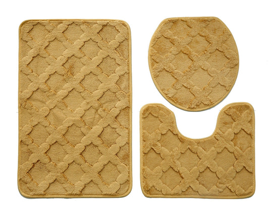 3 PCs Anti Skid Commode Mat Set(328)-Zig Zag Khakki Bath Mats Apricot
