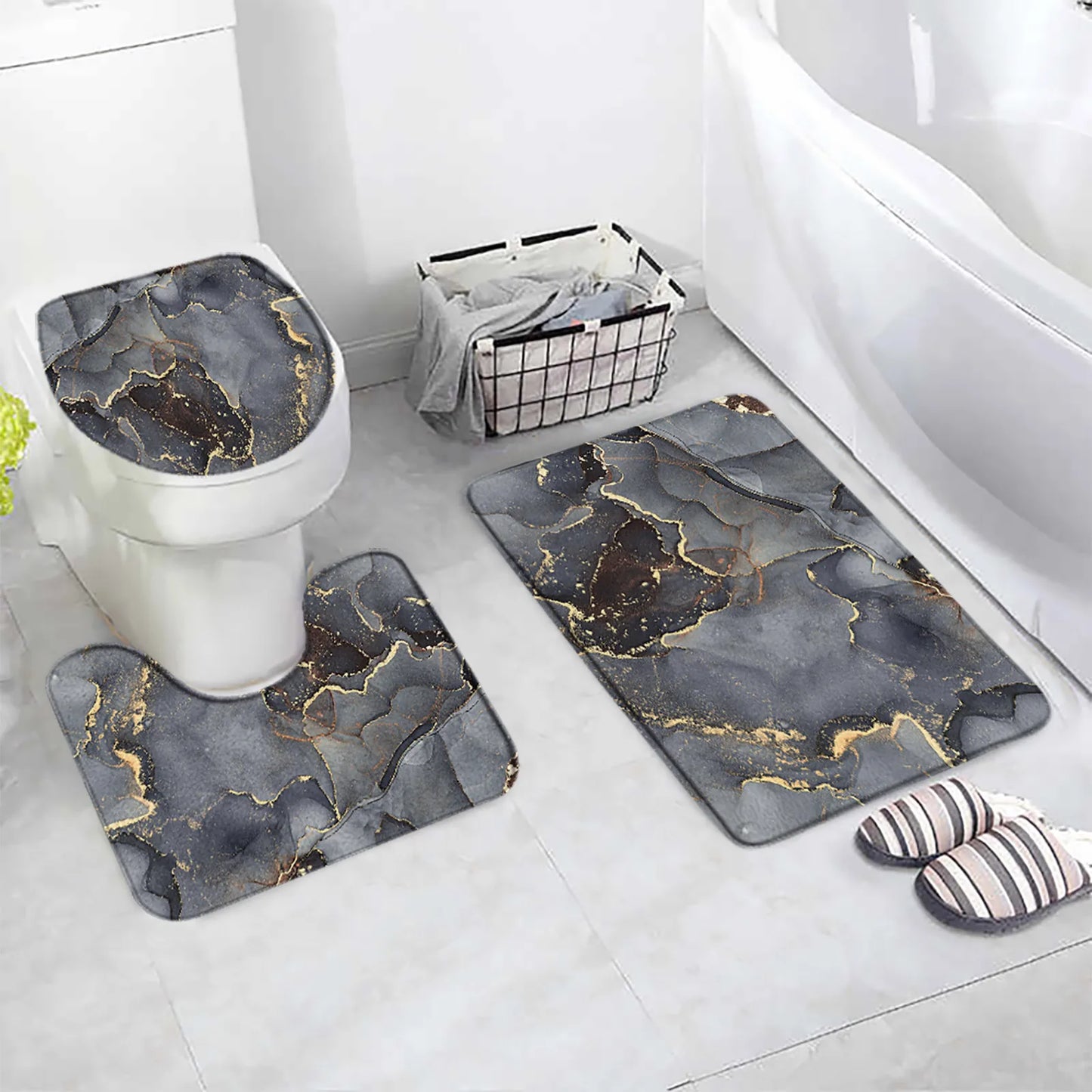 3 PCs Anti Skid Commode Mat Set(5415)-Grey Marble Bath Mats Apricot