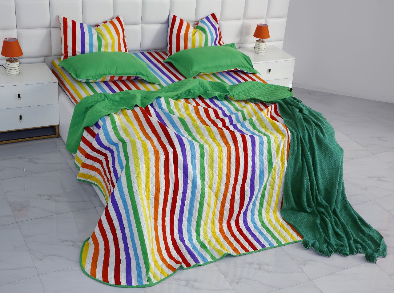 6 PCs Bed Spread Set-Multi Stripe(Parrot) Bed Spread Apricot