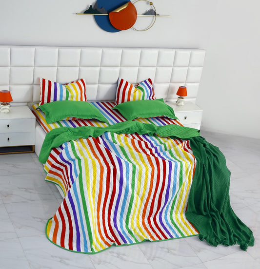 6 PCs Bed Spread Set-Multi Stripe(Parrot) Bed Spread Apricot