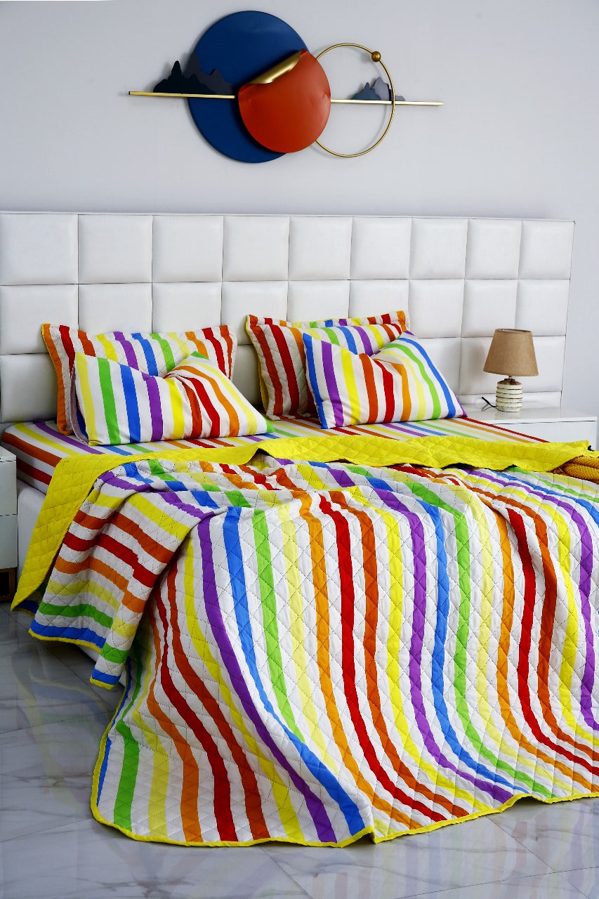 6 PCs Bed Spread Set-Multi Stripe(Yellow) Bed Spread Apricot