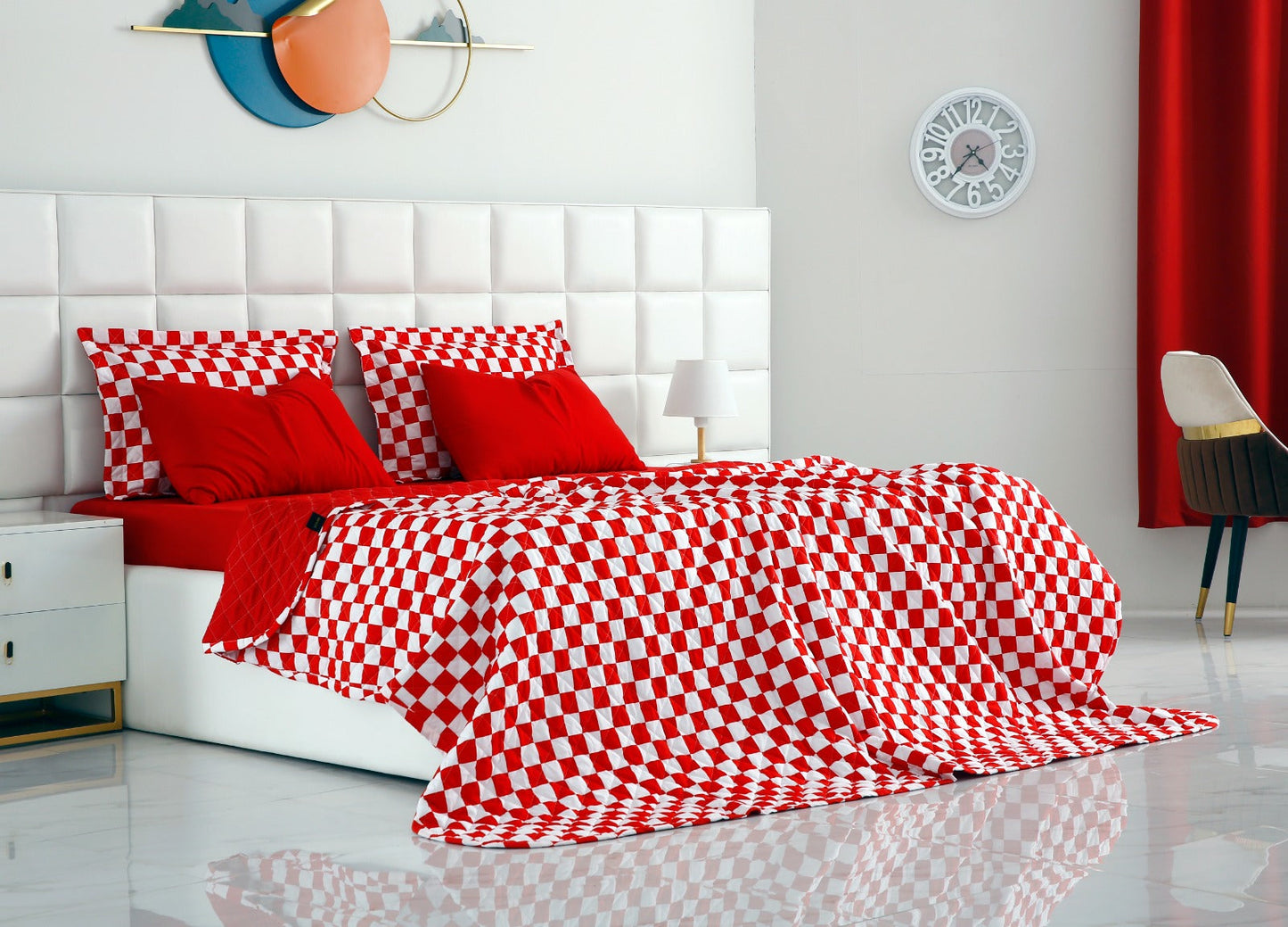 6 PCs Printed Bed Spread Set-Red Chess Bed Spread Apricot