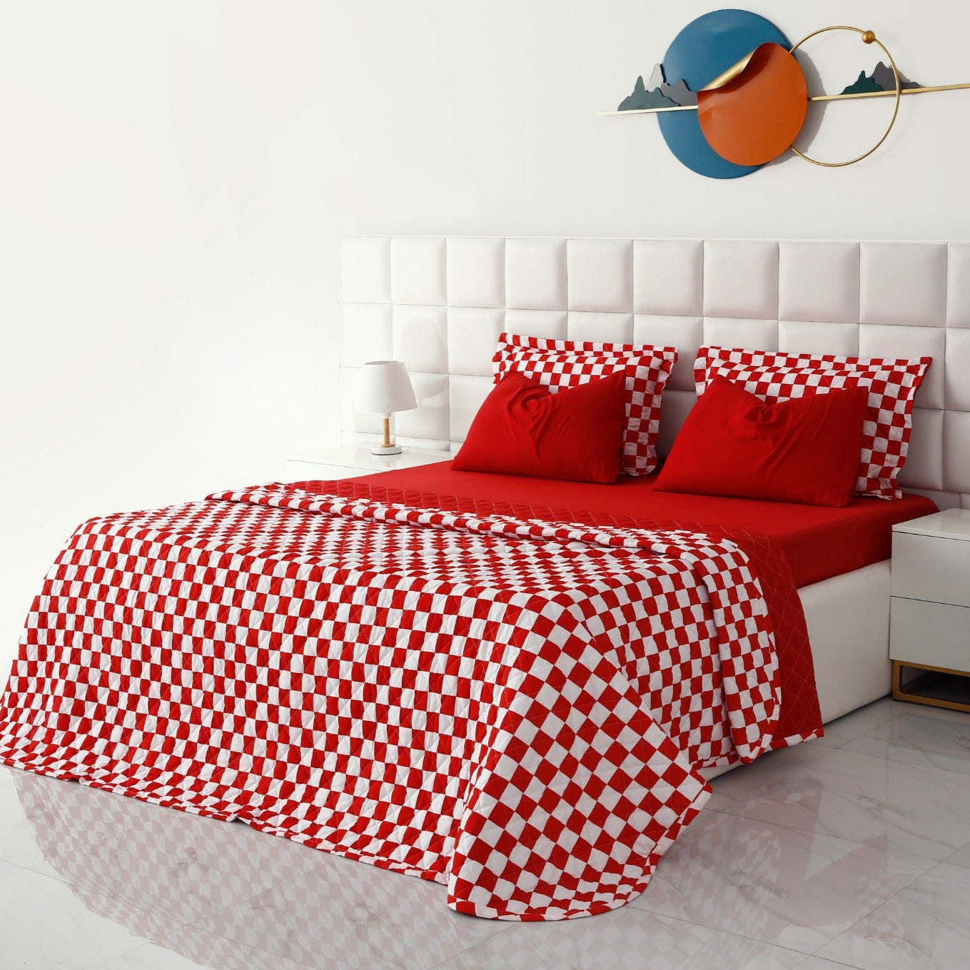 6 PCs Printed Bed Spread Set-Red Chess Bed Spread Apricot
