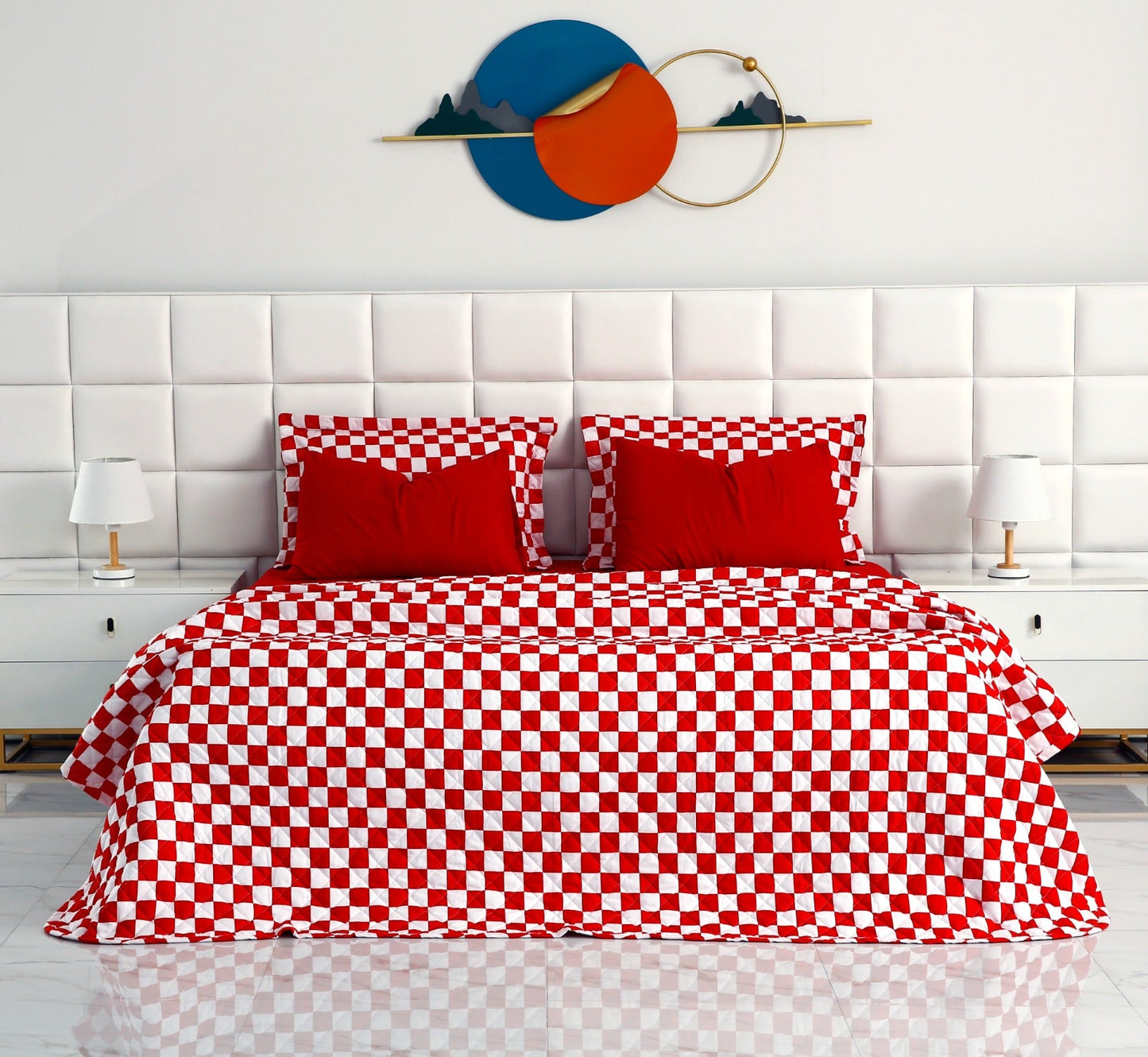 6 PCs Printed Bed Spread Set-Red Chess Bed Spread Apricot