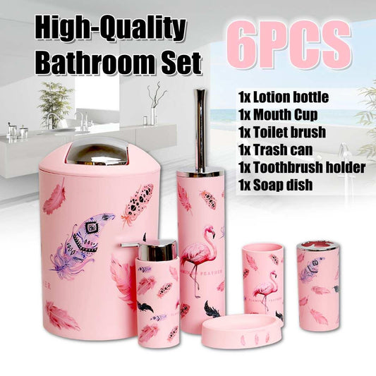 6 Pcs Printed Bathroom Accessory Set-Pink Flowers Bathroom Accessory Sets Apricot