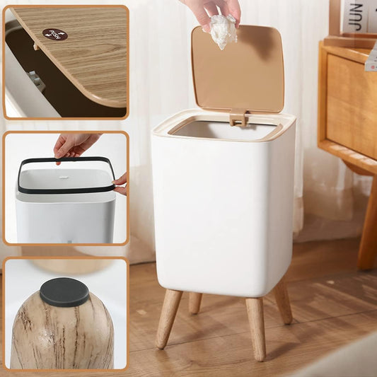 Indoor trash Bin With Wooden Feets-SA2408-110 Bathroom Accessory Sets Apricot