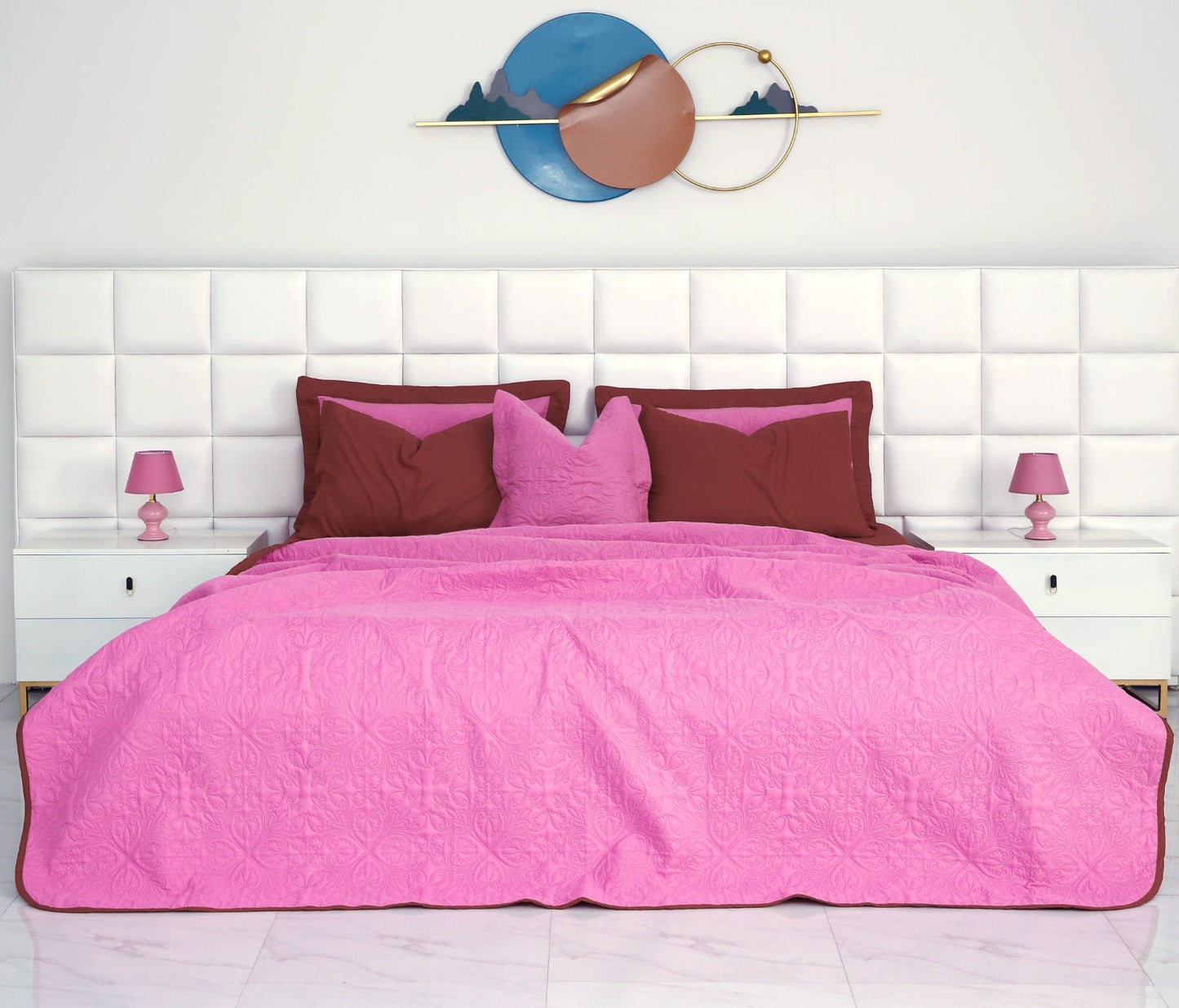 7 PCs Ultrasonic Bed Spread Set-Red over Lilac Bed Spread Apricot