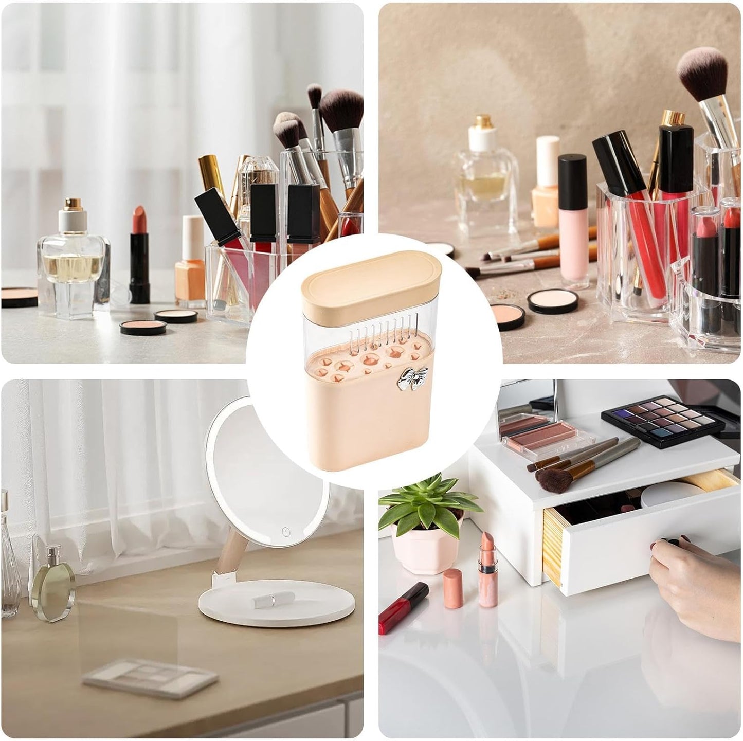 3 in 1 Makeup Brush Cleaning Box-beige Cosmetic Organizer Apricot