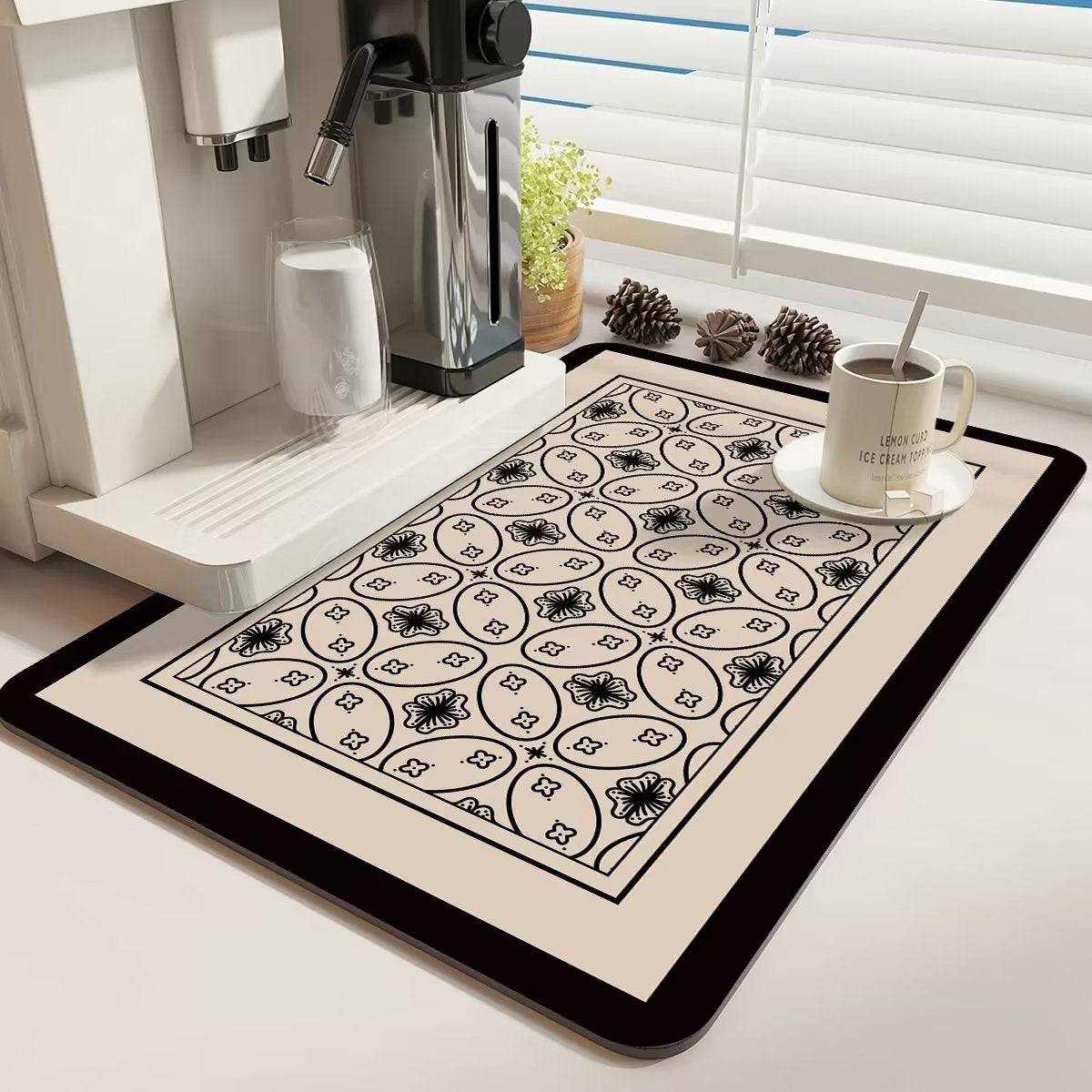 Anti Slip Dish Drying Mat-Black Flowers(5948) Rugs Apricot