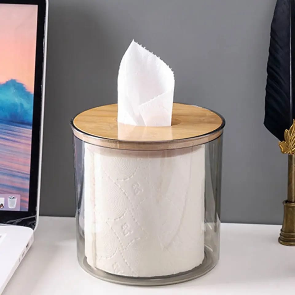 Bamboo Lid Toilet Paper Holder (5287)-Transparent Round Tissue Box Apricot