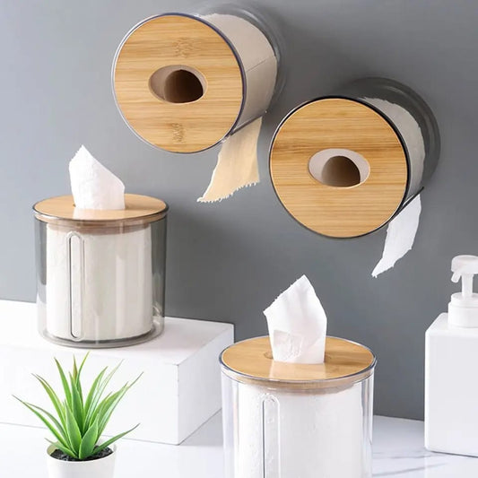 Bamboo Lid Toilet Paper Holder (5287)-Transparent Round Tissue Box Apricot