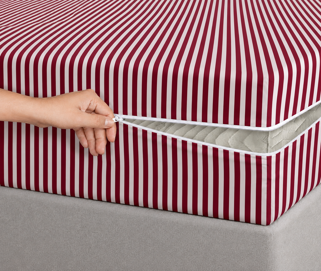 Zipper Mattress Cover Printed- Maroon Stripes Protectors Apricot