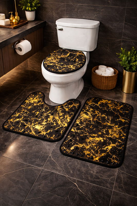 3 PCs Non Skid Suction Mat- Black Glitters Bath Mats Apricot