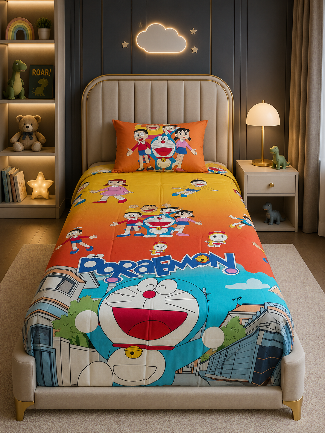 2Pcs Digital Printed Single Bed Sheet- Doraemon single bed sheet Apricot