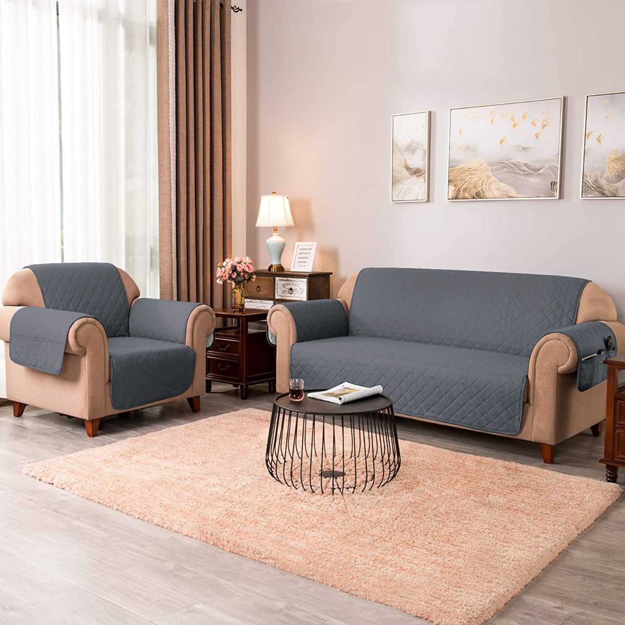 Ultrasonic Quilted Sofa Cover-Grey Sofa Cover Apricot