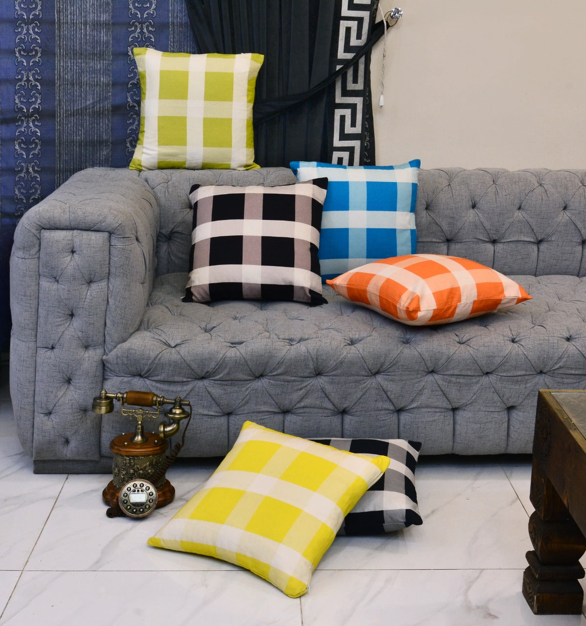 Digital Printed Cotton Cushions-Check Box cushions Apricot