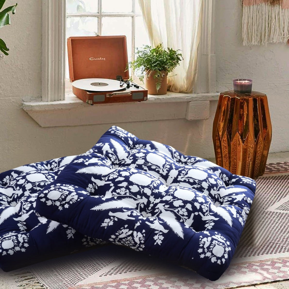 Digital Printed Square Floor Cushions- White Flowers cushions Apricot 2 PC