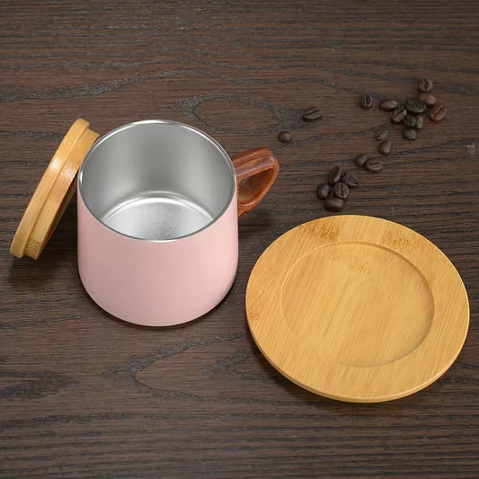 Vacuum Insulated Coffee Cup with Wooden Lid & Mat- Pink Coffee Cup Apricot