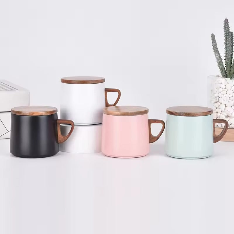 Vacuum Insulated Coffee Cup with Wooden Lid & Mat-White Coffee Cup Apricot