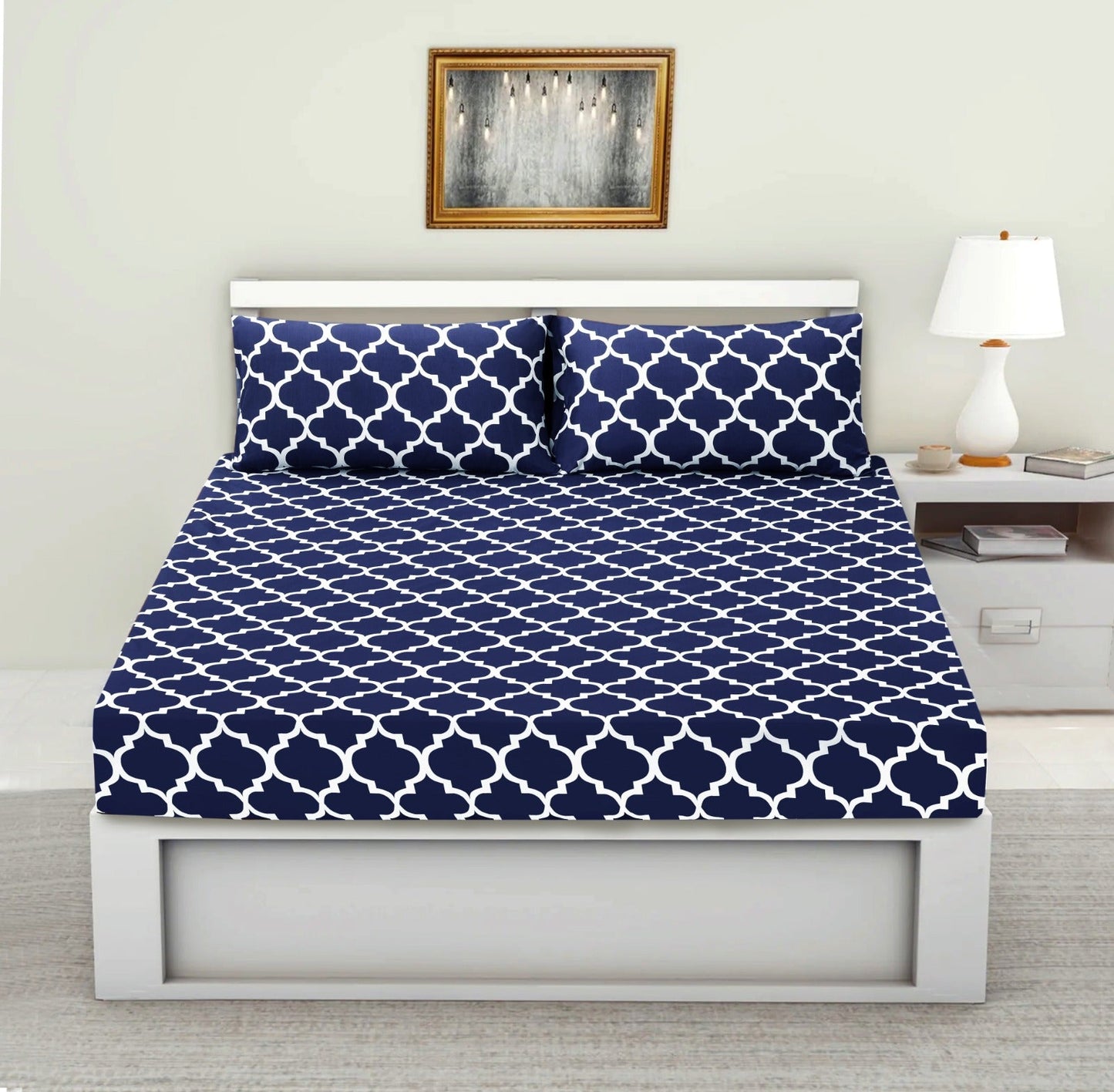 Fitted Bed Sheet-Blue Geometric Fitted Sheets Apricot