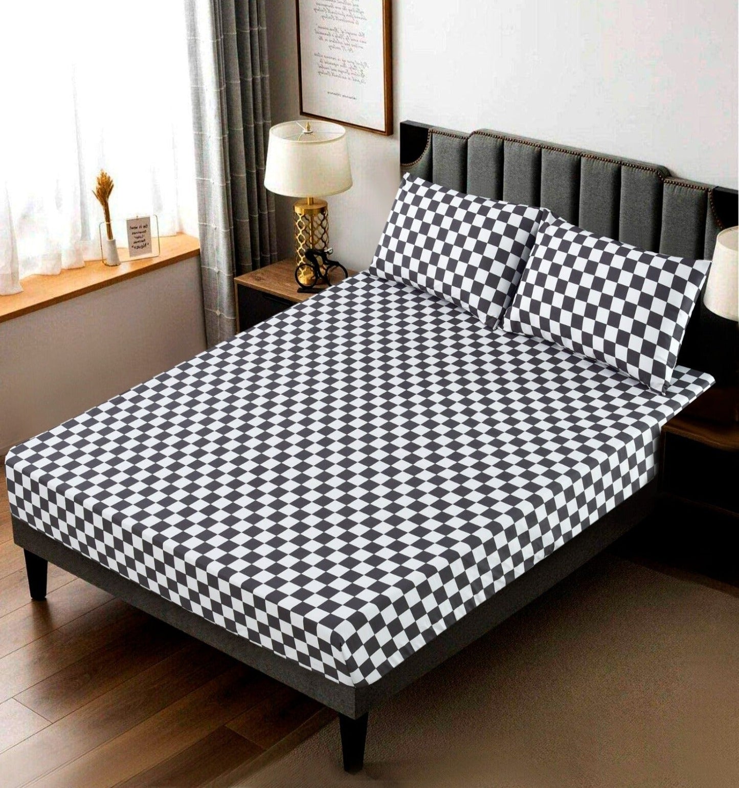 Fitted Bed Sheet-Grey Chess Fitted Sheets Apricot