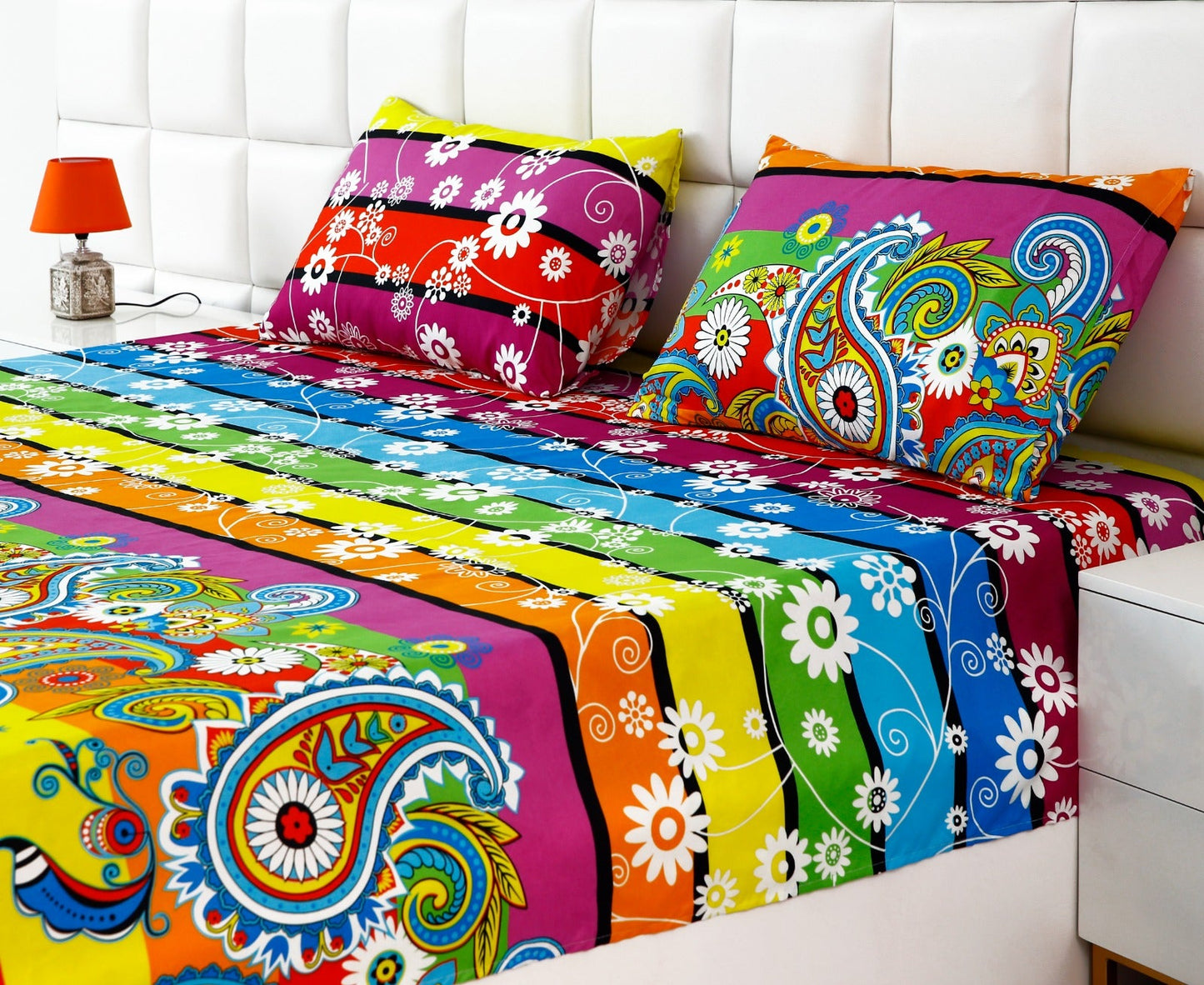 Fitted Bed Sheet-Multi Flowers Fitted Sheets Apricot