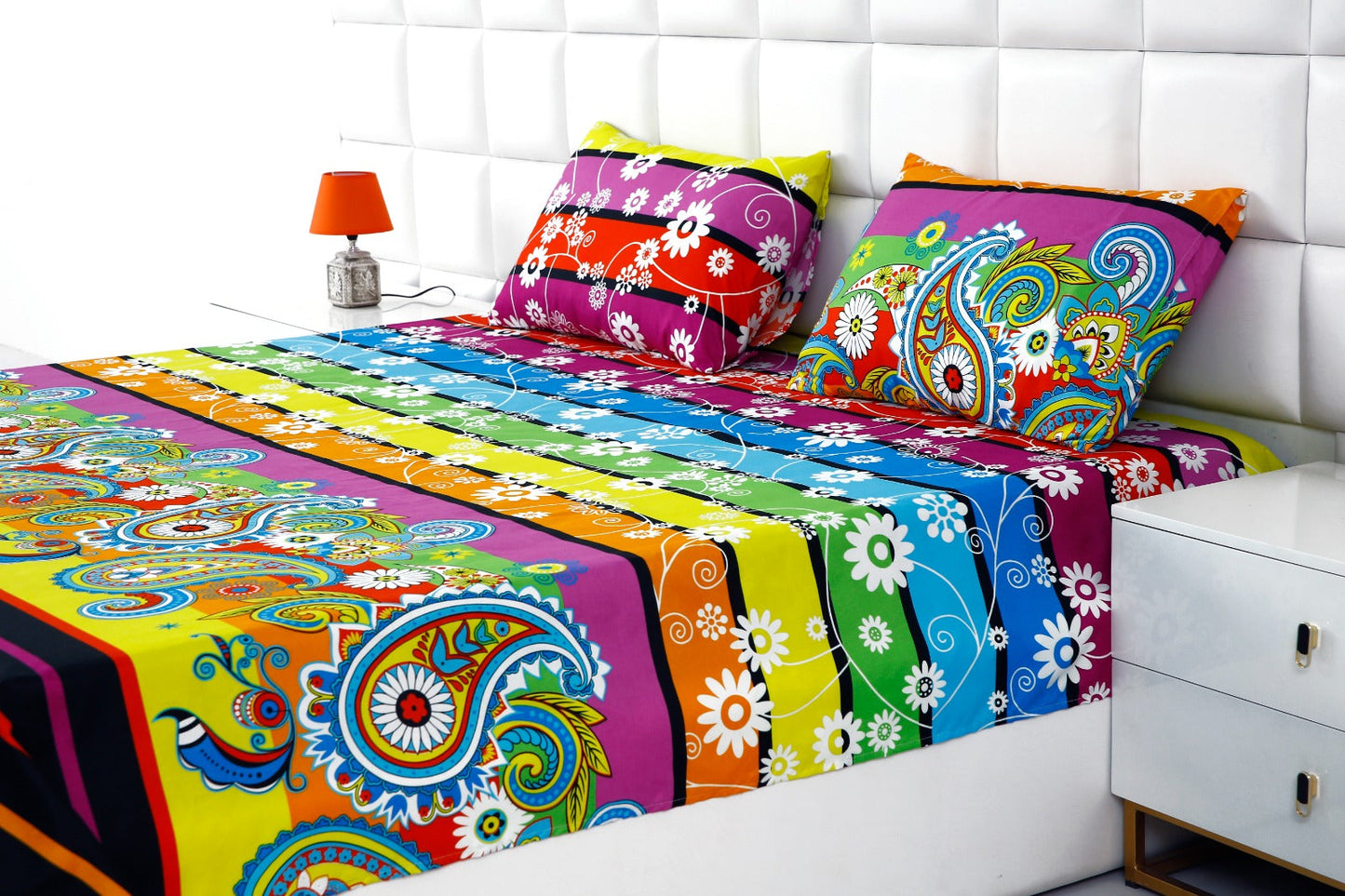 Fitted Bed Sheet-Multi Flowers Fitted Sheets Apricot