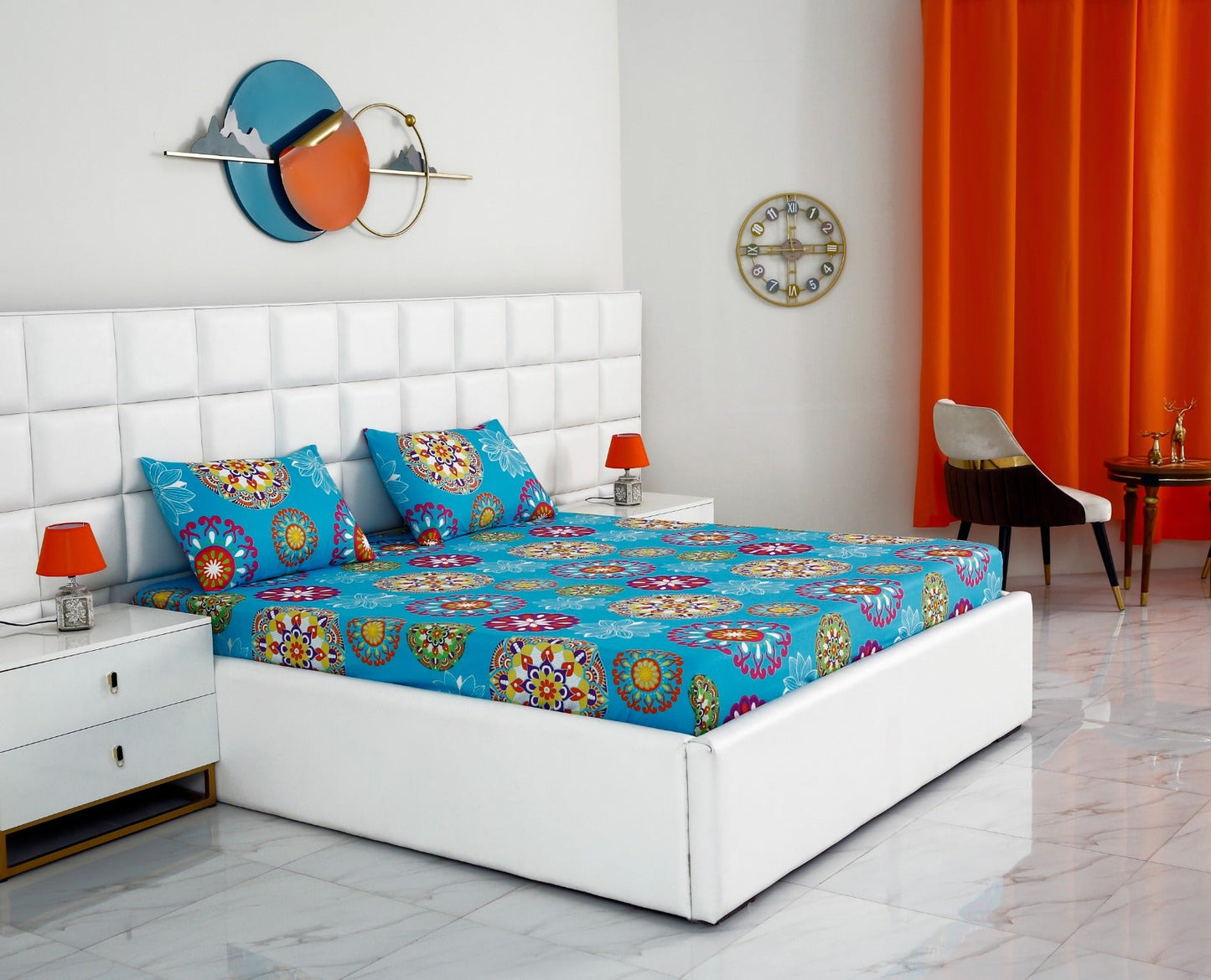 Fitted Bed Sheet-Turquoise Flower Fitted Sheets Apricot