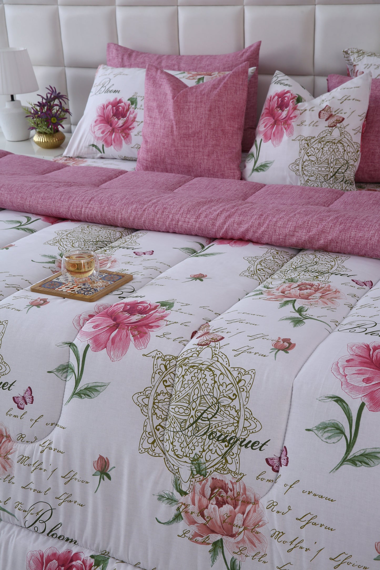 8 PCs Winter Comforter Set-Pink Flowers Comforters Apricot