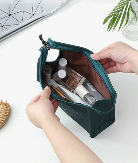 Geometric Diamond Grid PU Frosted Makeup Bag Cosmetic Pouches Apricot