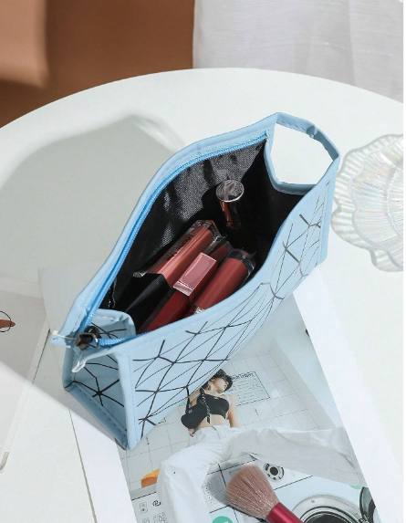 Geometric Diamond Grid PU Frosted Makeup Bag Cosmetic Pouches Apricot