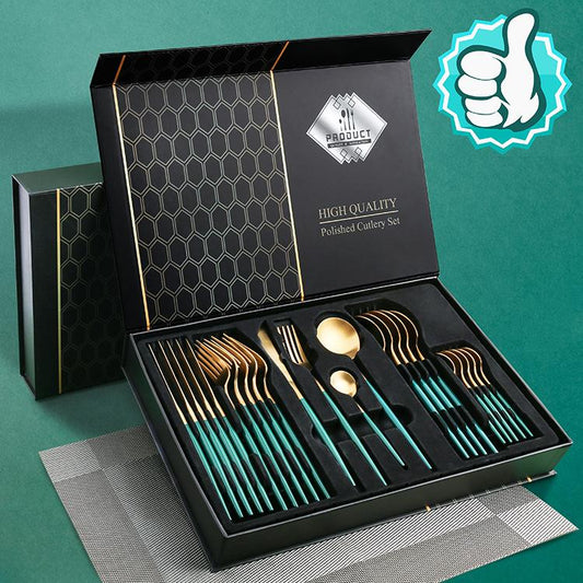 Green/Golden (4406)-24 PCs Premium Steel Cutlery Set Cutlery Set Apricot