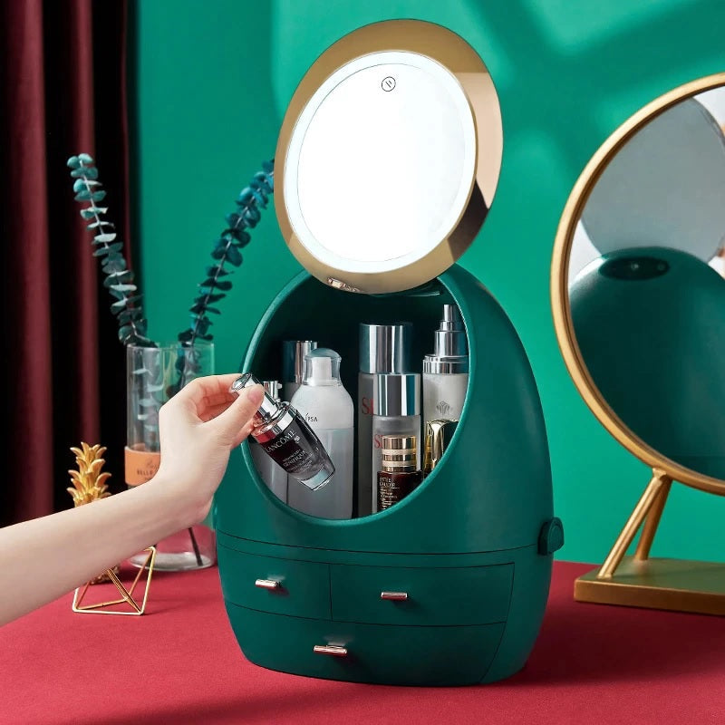 LED Mirror Curvy Cosmetics Storage Box Cosmetic Organizer Apricot Green
