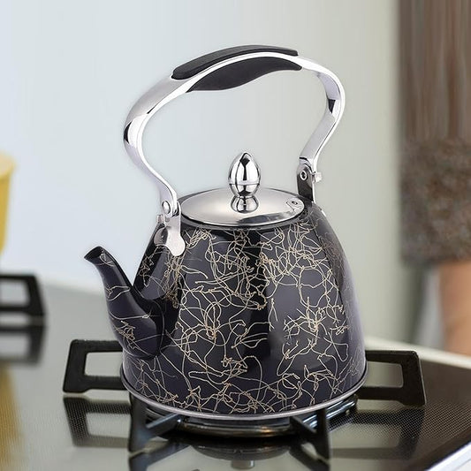 Stainless Steel One Touch Button Whistle Teapot with Anti Scalding Handle-Black Texture Apricot