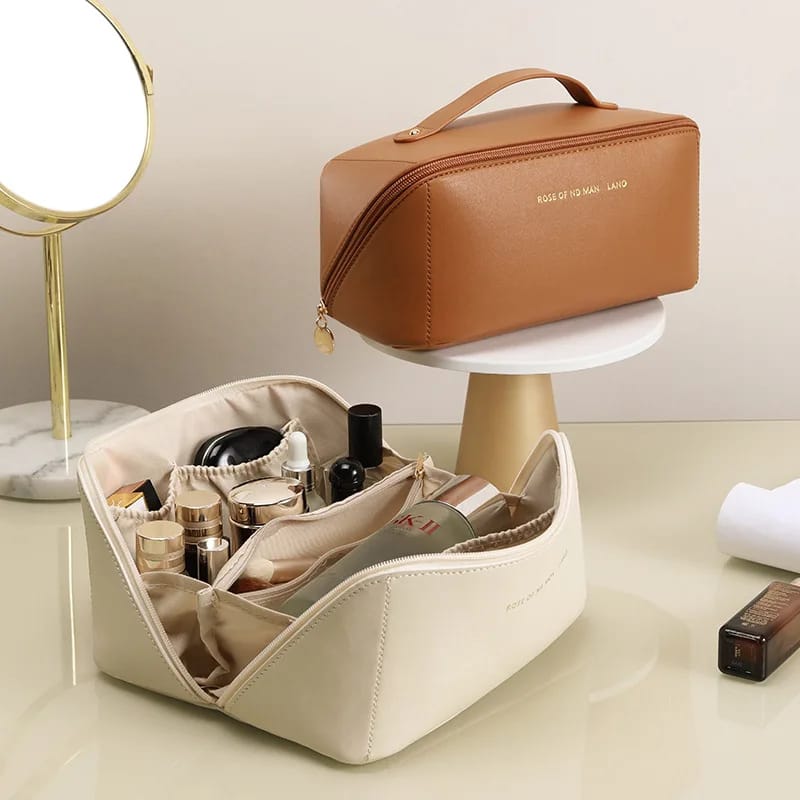 Portable PU Makeup Powder Waterproof Multifunctional Bag-Brown(SA2403-21) Cosmetic Pouches Apricot