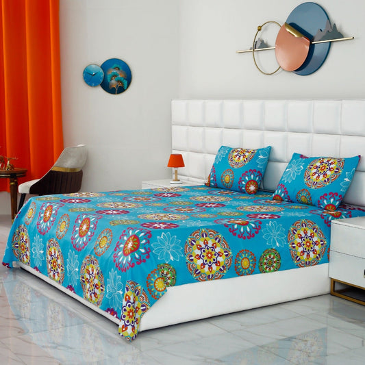 3 PCs Double Bed Sheet-Turquoise Flower Bed Sheets Apricot