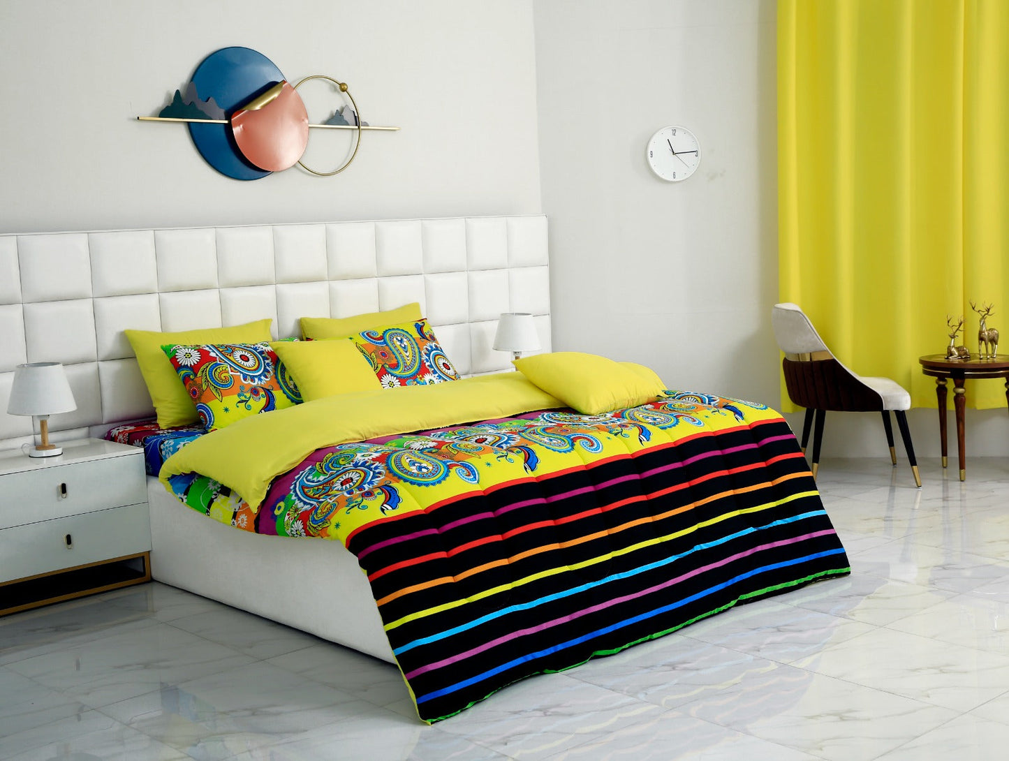 5 PCs Single Comforter Set-Multi Flower (Yellow Reverse) Comforters Apricot