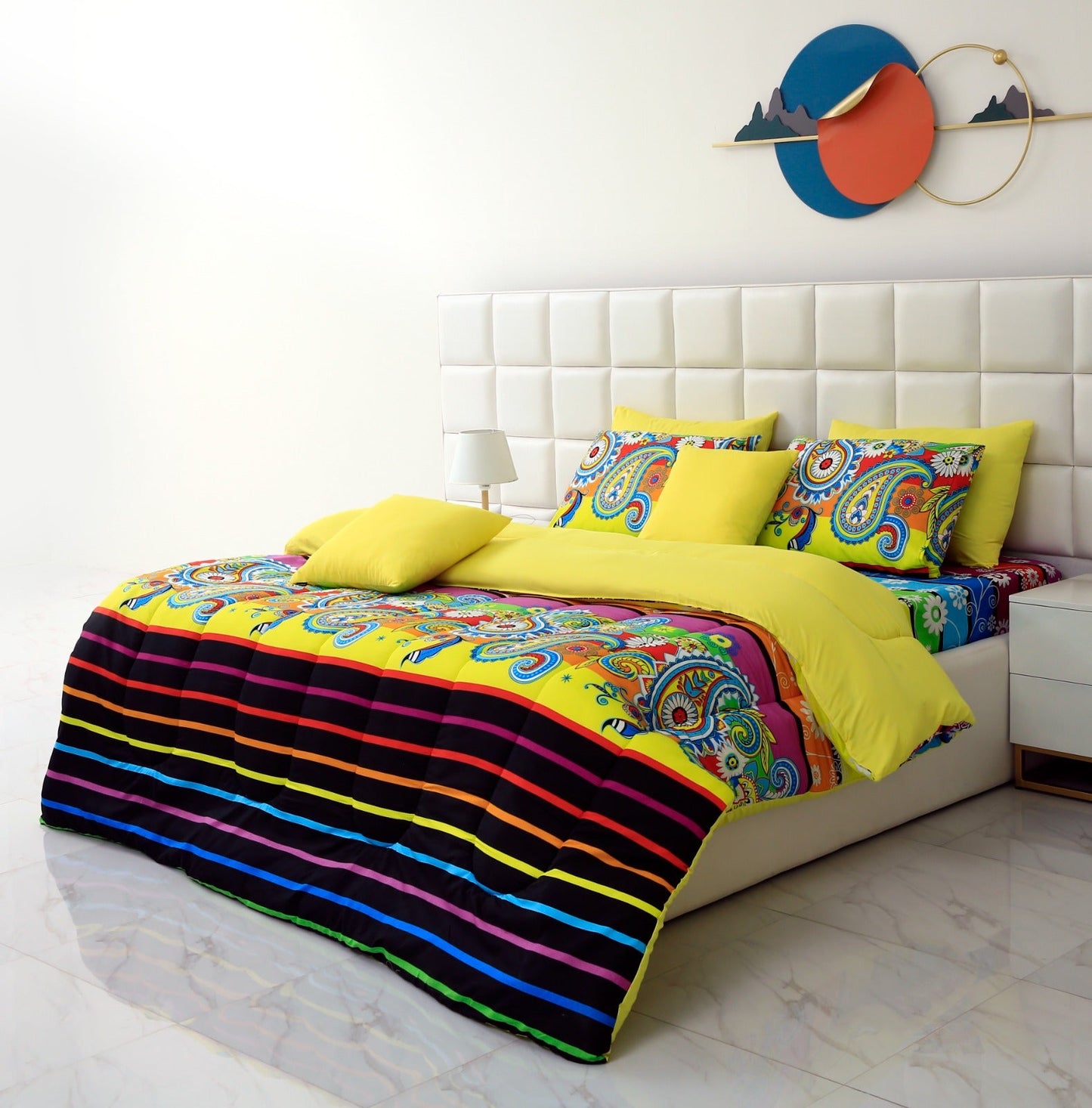 5 PCs Single Comforter Set-Multi Flower (Yellow Reverse) Comforters Apricot