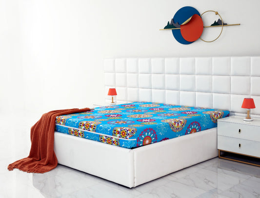 Zipper Mattress Cover Printed-Turqoiuse Flower Protectors Apricot