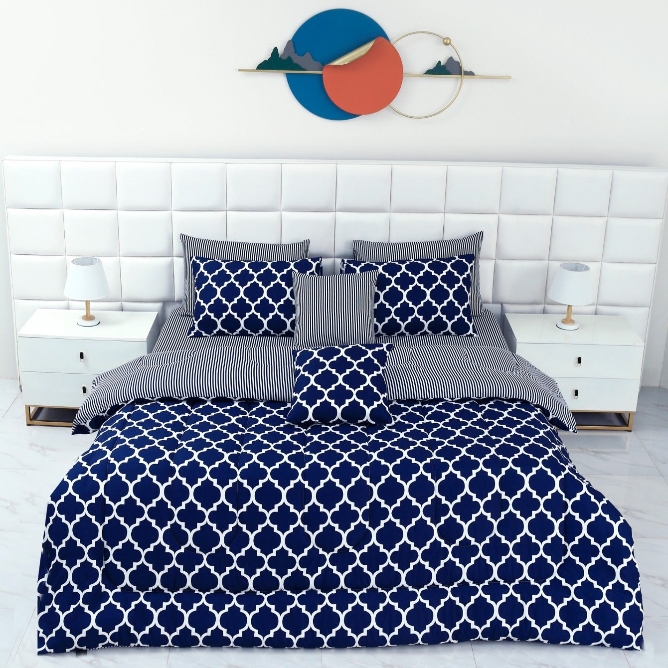 8 PCs Winter Comforter Set-Blue Geometric Comforters Apricot