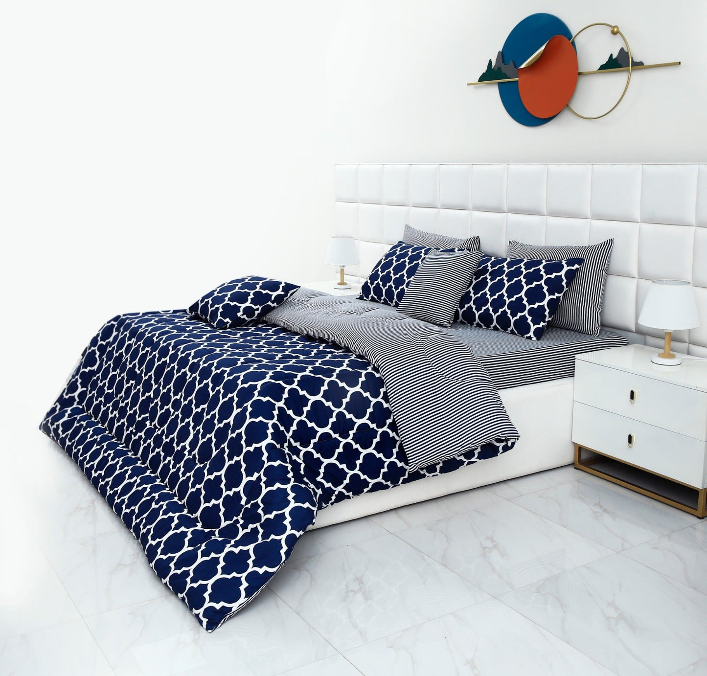8 PCs Winter Comforter Set-Blue Geometric Comforters Apricot