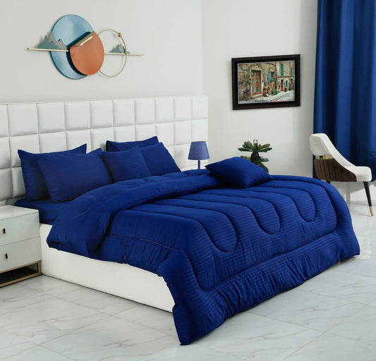 8 PCs Winter Razai Set-Blue Satin Stripe Comforters Apricot