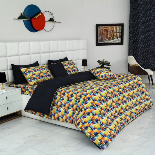 8 PCs Winter Razai Set-Coral Rush (Black Reverse) Comforters Apricot