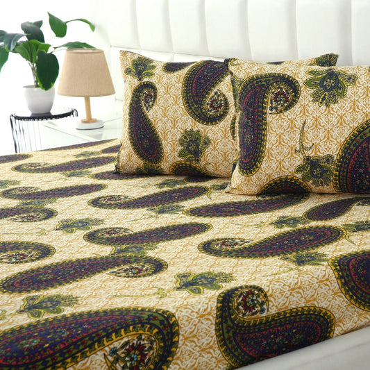Fitted Bed Sheet-Green Paisleys Fitted Sheets Apricot