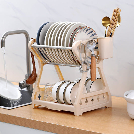 2-Tier-Dish Drying Rack & Utensil Holder (15254)-Beige Dish Rack Apricot