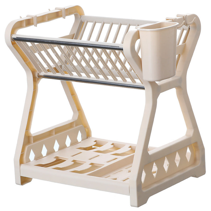 2-Tier-Dish Drying Rack & Utensil Holder (15254)-Beige Dish Rack Apricot